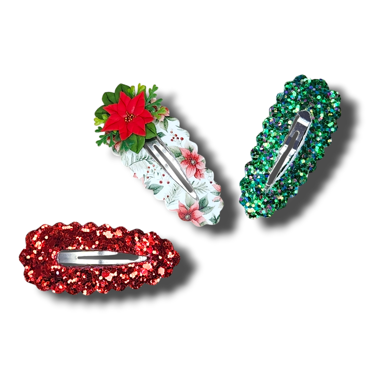 Xmas Poinsettia Clay Snap Clip 3pc Set