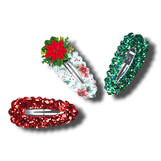 Xmas Poinsettia Clay Snap Clip 3pc Set